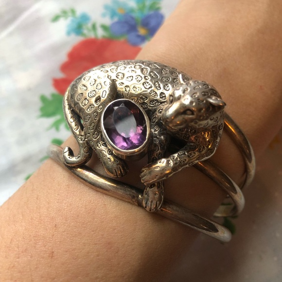 Artisan Sterling Silver And Amethyst Leopard Cat Cuff - Picture 2 of 6